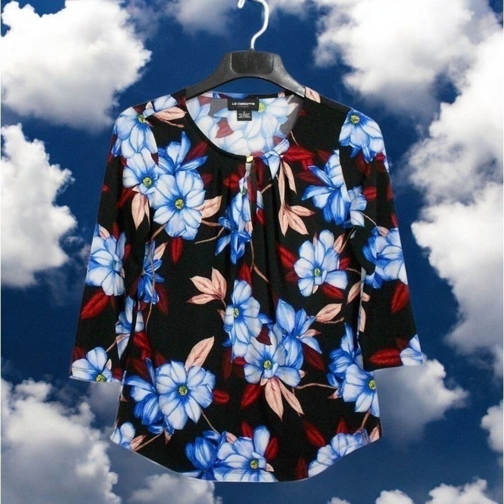 Liz‎ Claiborne Top Small Black Floral Print 3/4 Sleeve Round Keyhole Neck Career - Picture 3 of 9